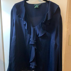 Navy Blue Ralph Lauren ruffled front blouse size 18, 100% silk